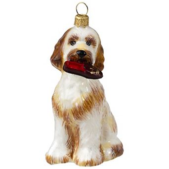 Joy To The World Goldendoodle With Slipper Polish Glass Christmas Ornament