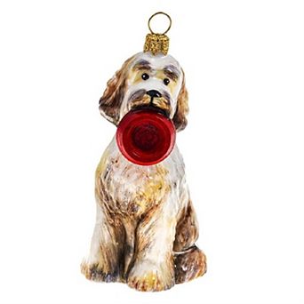 Joy To The World Goldendoodle With Dog Dish Black Collar Polish Glass Ornament