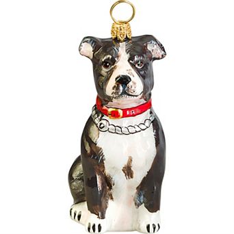 Joy To The World American Staffordshire Terrier Black And White Glass Polish Christmas Ornament