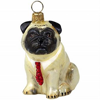 Joy To The World Pug Fawn With Red Crystal Tie Polish Glass Christmas Ornament