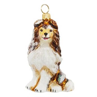 Joy To The World Snowy Shetland Sheepdog Sitting Dog Polish Glass Christmas Ornament Sheltie Pet