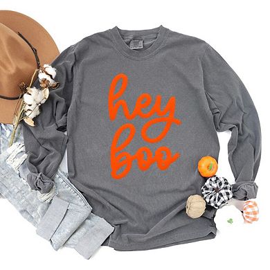 Hey Boo Cursive Puff Print Garment Dyed Long Sleeve Tees