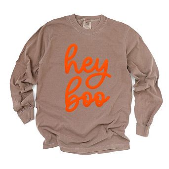 Hey Boo Cursive Puff Print Garment Dyed Long Sleeve Tees