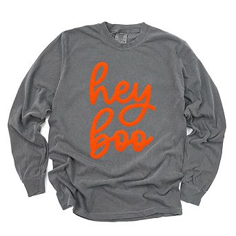 Hey Boo Cursive Puff Print Garment Dyed Long Sleeve Tees