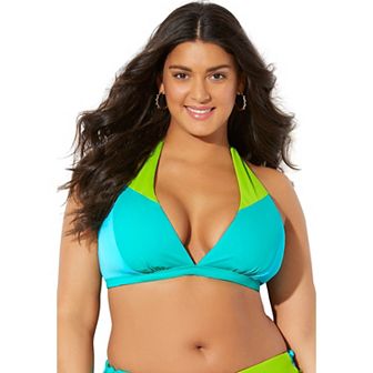 Swimsuits For All Women's Plus Size Romancer Colorblock Halter Triangle Bikini Top