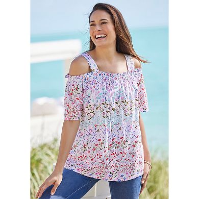 Woman Within Plus Size Printed Cold-Shoulder Blouse