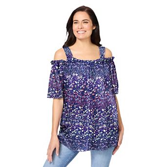 Woman Within Plus Size Printed Cold-Shoulder Blouse