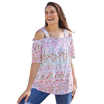 Woman Within Plus Size Printed Cold-Shoulder Blouse