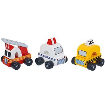 Orange Tree Toys 3 pc Wooden Taxi Cab, Police Car & Fire Truck Chunky Toy Push Cars