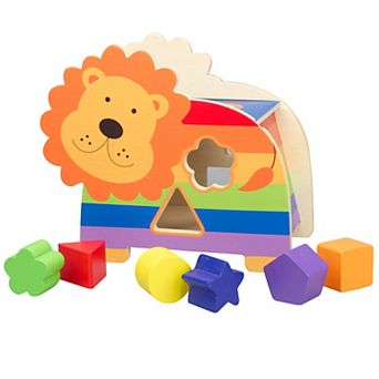 Orange Tree Toys Shape Sorter Lion Wooden 6 Shaped Blocks Wheeled Animal Sorter Educational Toy