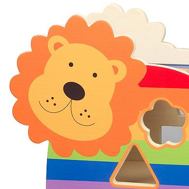 Orange Tree Toys Shape Sorter Lion Wooden 6 Shaped Blocks Wheeled Animal Sorter Educational Toy
