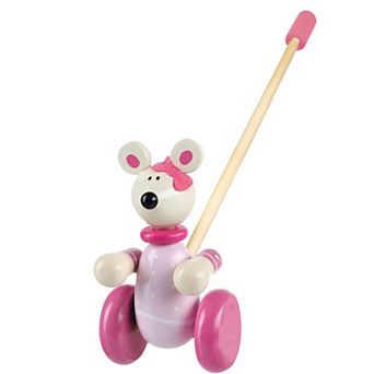 Orange Tree Toys Push Along Pink Mouse Colorful Wheeled Character with Handle Wooden Toy