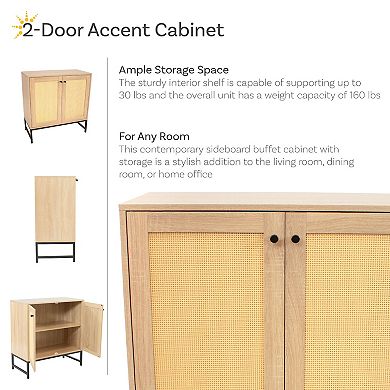 Sunnydaze 2-Door MDF Accent Cabinet with Shelf/Rattan Doors - Oak