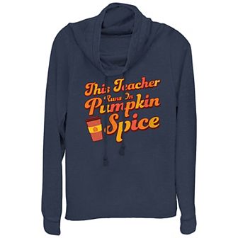 Women's This Teacher Runs On Pumpkin Spice Cowlneck Graphic Lightweight Long Sleeve
