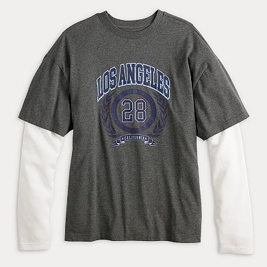 Men's Hollywood Long Sleeve Oversized Mock Two-Fer Graphic Tee