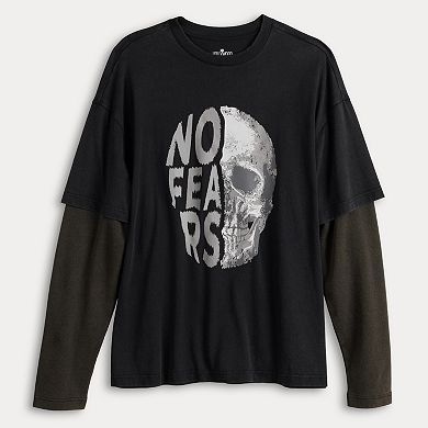 Men's Hollywood Long Sleeve Oversized Mock Two-Fer No Fears Graphic Tee