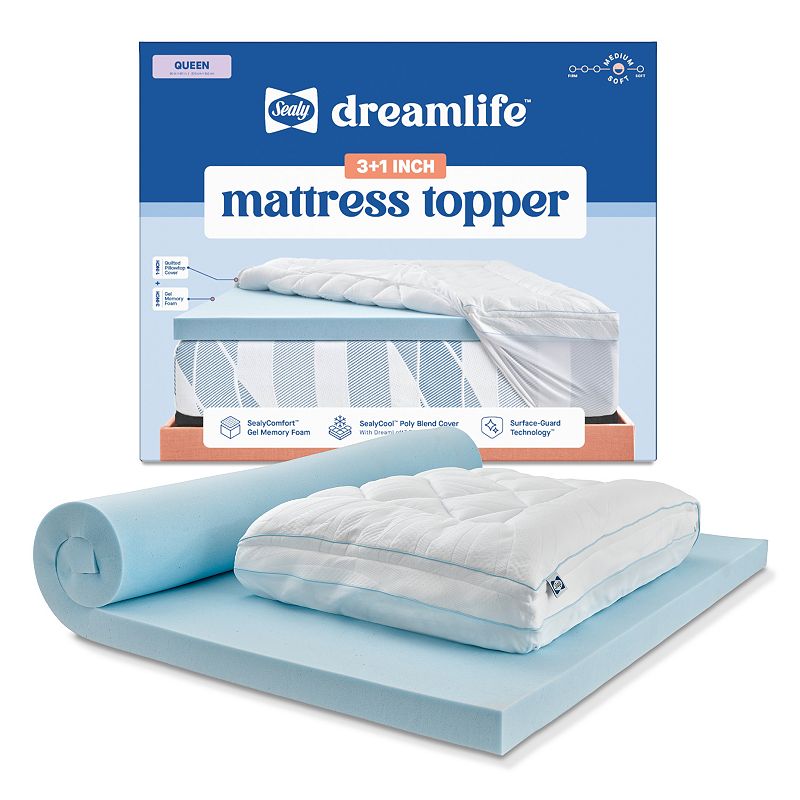 sealy - dreamlife 3” gel memory foam mattress topper + 1” quilted cooling cover, queen - blue