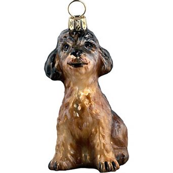Joy To The World Yorkipoo Sitting Dog Blown Glass Polish Christmas Ornament Tree Decoration