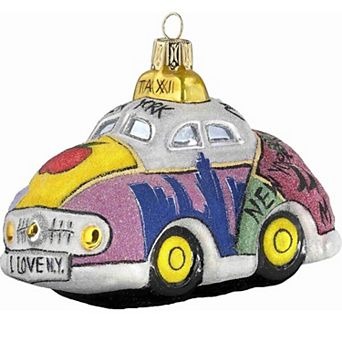 Joy To The World Glitterazzi Sidewalks Of New York Taxi Cab Polish Glass Christmas Ornament Nyc