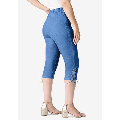 Roaman's Women's Plus Size Comfort Stretch Lace Up Capri Jean