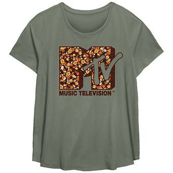 Plus Size MTV Autumn Flowers Print Logo Flowy Graphic Tee