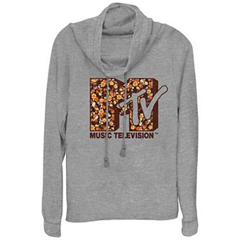 Plus Size MTV Autumn Flowers Print Logo Cowlneck Graphic Lightweight Long Sleeve