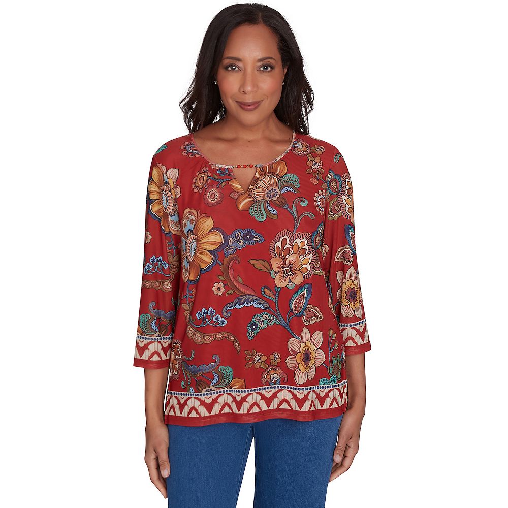 Alfred Dunner Tie Dye Border Split Neck Top