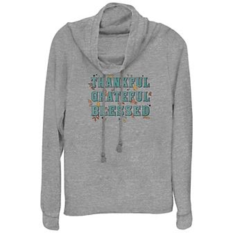 Plus Size Thankful Grateful Blessed Cowlneck Graphic Lightweight Long Sleeve