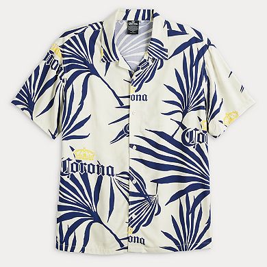 Men's Corona Logo Palm Fronds Short Sleeve Button Down Shirt