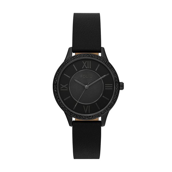 Folio Women's Faux Leather Simulated Chrystal Sunray Dial Watch - Black