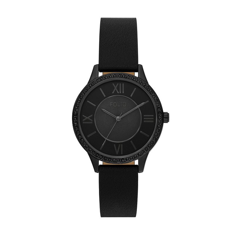 Folio Women's Faux Leather Simulated Chrystal Sunray Dial Watch, Black
