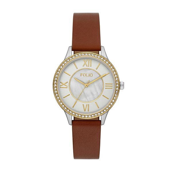 Folio Women's Faux Leather Simulated Chrystal Sunray Dial Watch - Brown