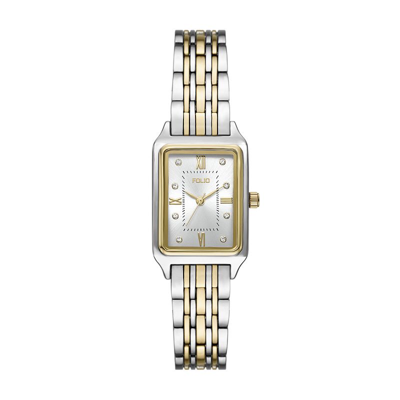 Folio Women's Rectangular Bracelet Watch, Two Tone Gold Silver