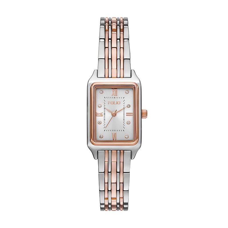 Folio Women's Rectangular Bracelet Watch, Two Tone Rose Silver