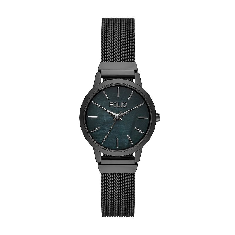 Folio Women's Mesh Mother-Of-Pearl Dial Watch, Black