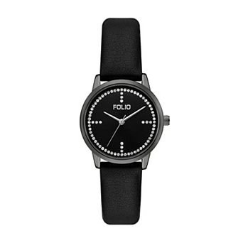 Folio Women's Simulated Crystal Accent Faux Leather Watch