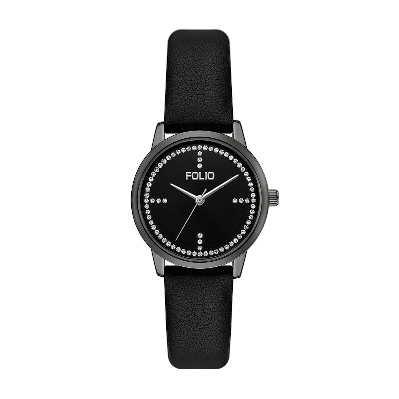Folio Women's Simulated Crystal Accent Faux Leather Watch, Black