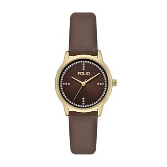 Folio Women's Simulated Crystal Accent Faux Leather Watch