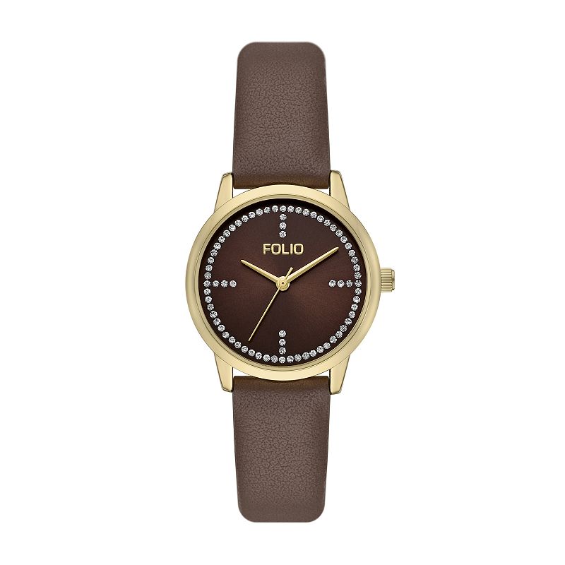 Folio Women's Simulated Crystal Accent Faux Leather Watch, Brown