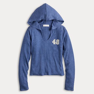 Juniors' Pink Republic Thermal Knit Long Sleeve Pullover Hoodie
