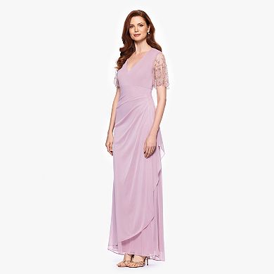 Women's X Evenings Beaded Sheer Sleeve Ruched Gown