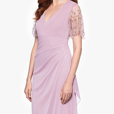 Women's X Evenings Beaded Sheer Sleeve Ruched Gown