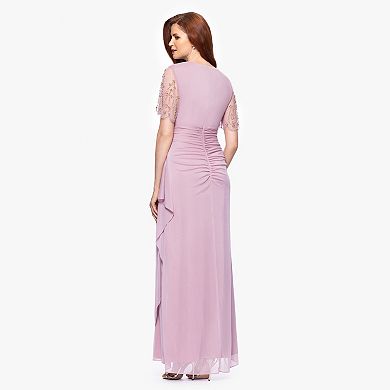 Women's X Evenings Beaded Sheer Sleeve Ruched Gown