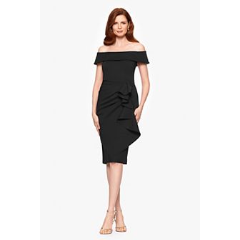 Women's X Evenings Techno Scuba Off The Shoulder Ruffle Midi Dress