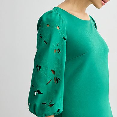 Women's Sandra Darren Sheath Dress with Embroidered Cutout Sleeves
