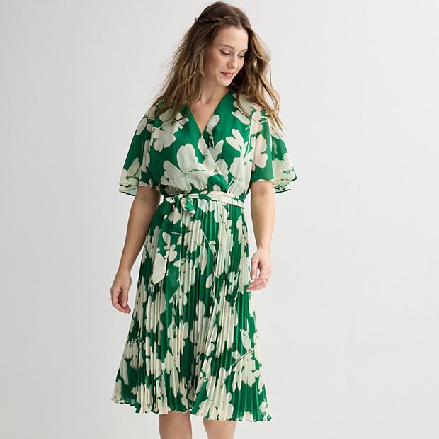 Women's Sandra Darren Chiffon Surplice Pleated Floral Midi Dress