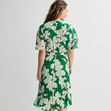 Women's Sandra Darren Chiffon Surplice Pleated Floral Midi Dress