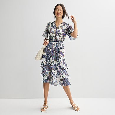 Women's Sandra Darren Surplice Flutter Tiered Midi Dress