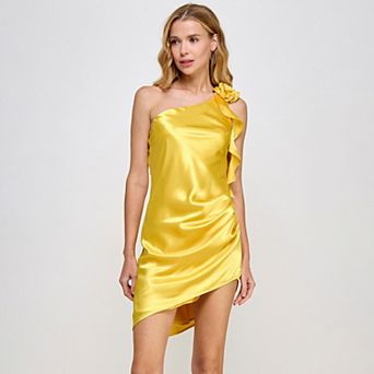 Juniors' Morgan And Co Off The Shoulder Dress With Ruffle Shoulder Detail and Asymetrical Hem