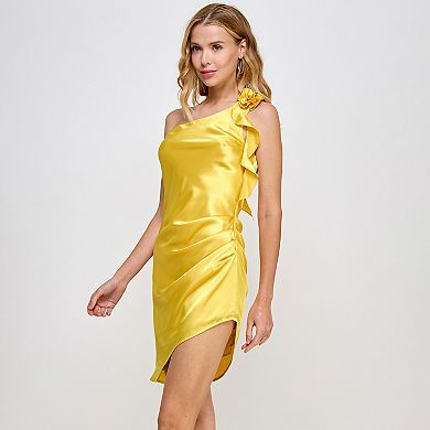Juniors' Morgan And Co Off The Shoulder Dress With Ruffle Shoulder Detail and Asymetrical Hem
